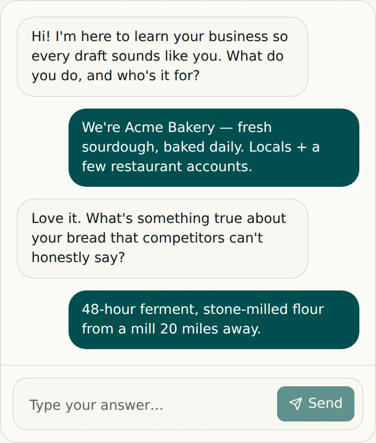 The Pappus setup conversation — the assistant asks about your business and you answer in plain chat.